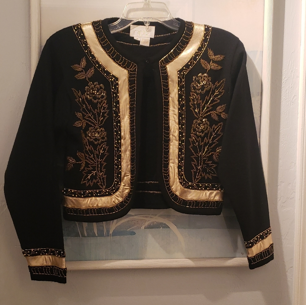 Vintage Cache' Cropped Sweater Jacket Black Embroided Gold  100% Wool SzM